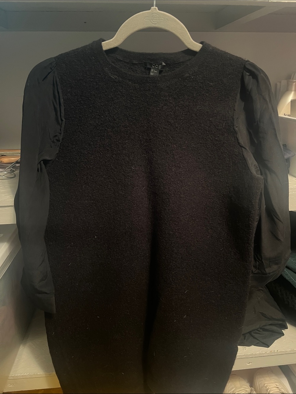COS Black Knit Dress with Sheer Long Sleeves. 100 percent wool/silk